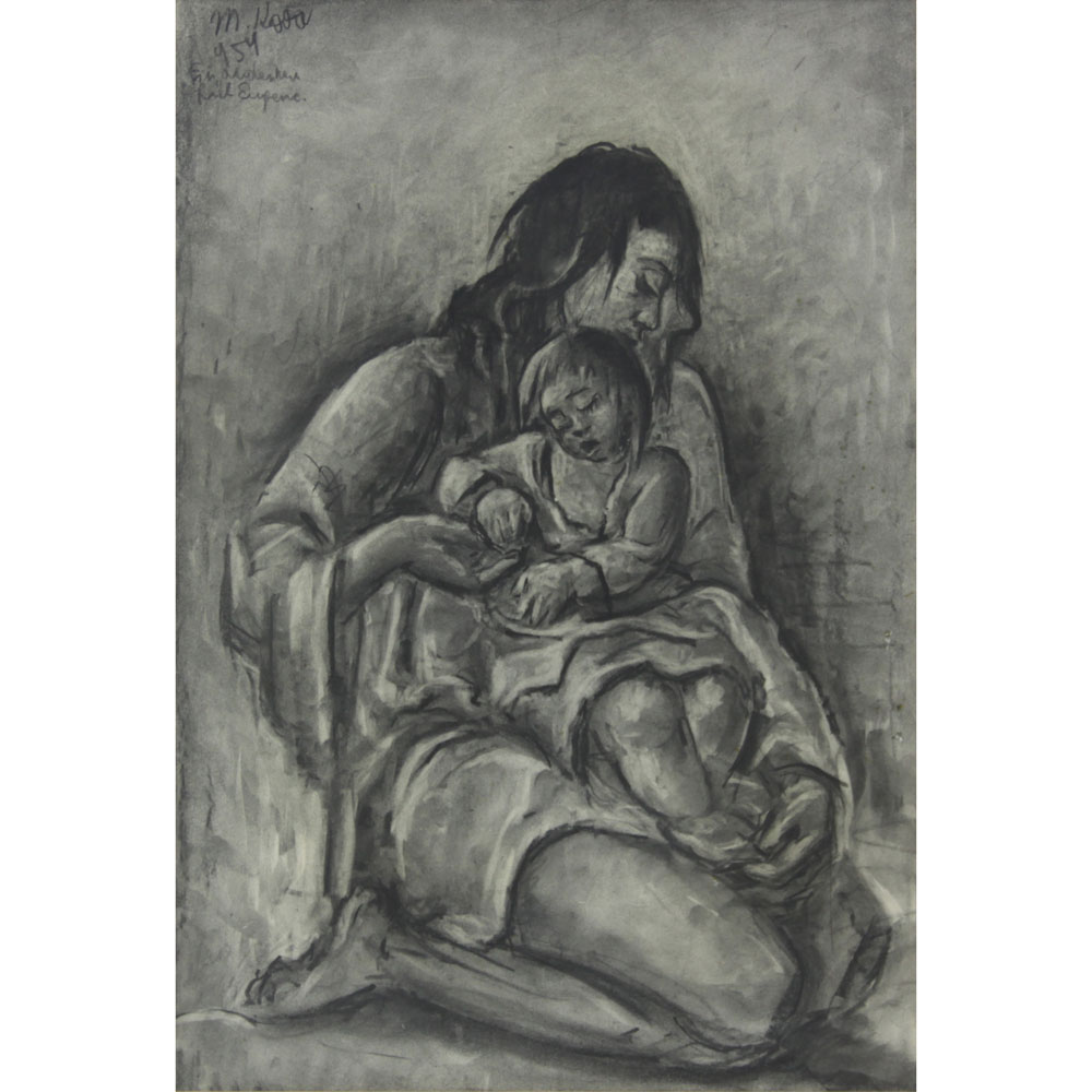 Mid Century Fine Charcoal Drawing "Mother and Child"