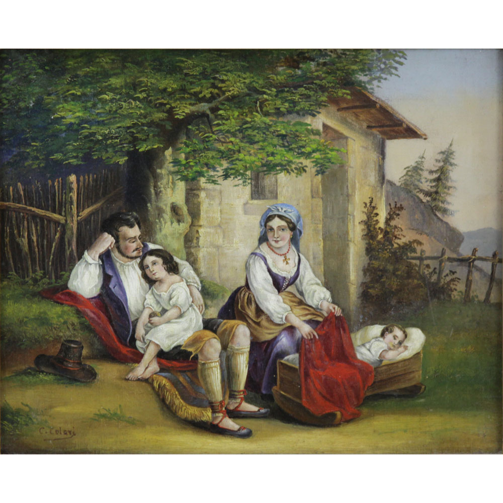 Antique Italian School Oil On Canvas "Country Family" 