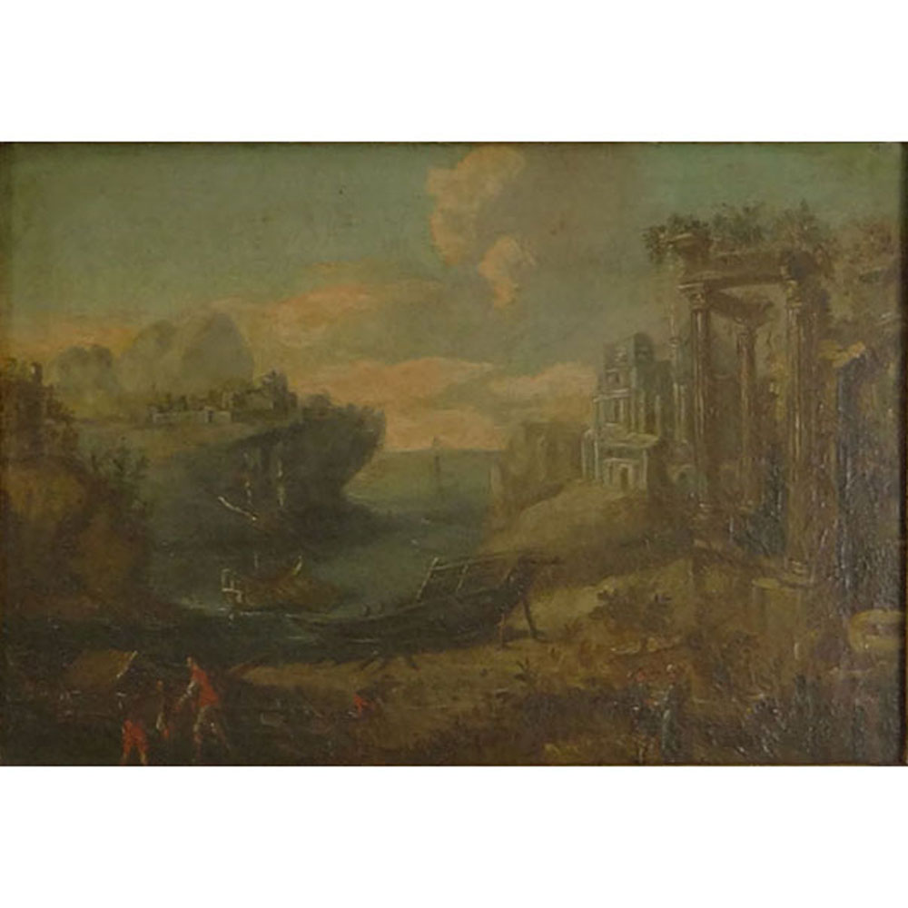 Old Master Oil on Canvas. Continental School Depicting Architecture, Boats and Figures. 