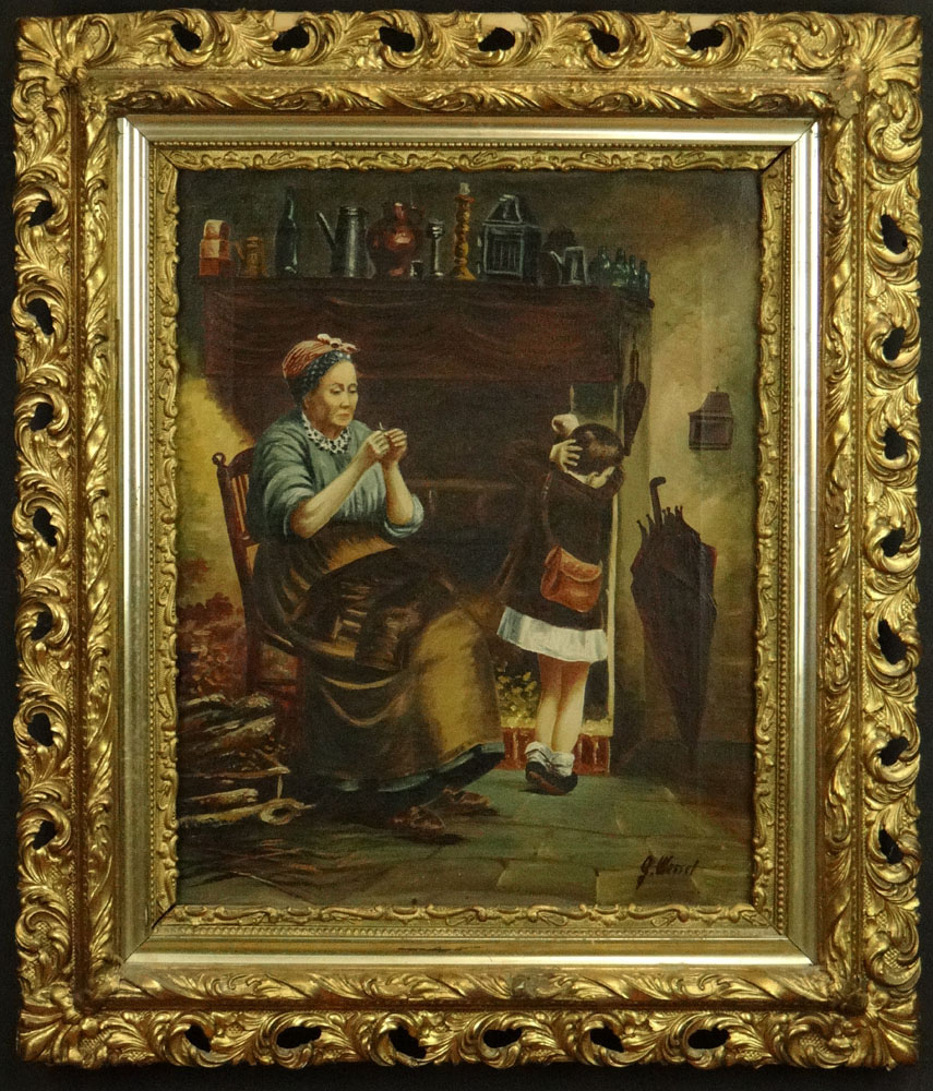 19th Century G.Wessel Oil on Canvas Painting of A Woman in a Rocking Chair with Child by a Fireplace