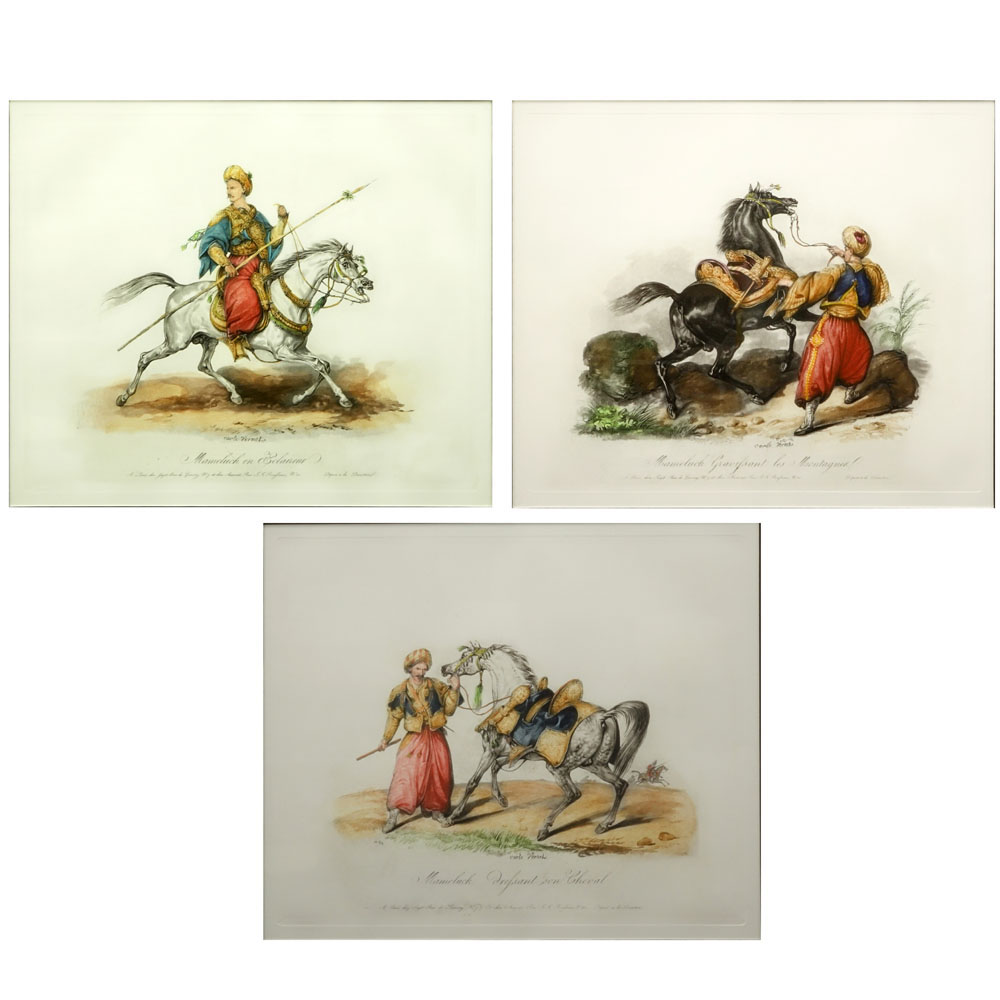 Set of Three (3) Decorative Modern Color Engravings "Arabian Horses and Riders".