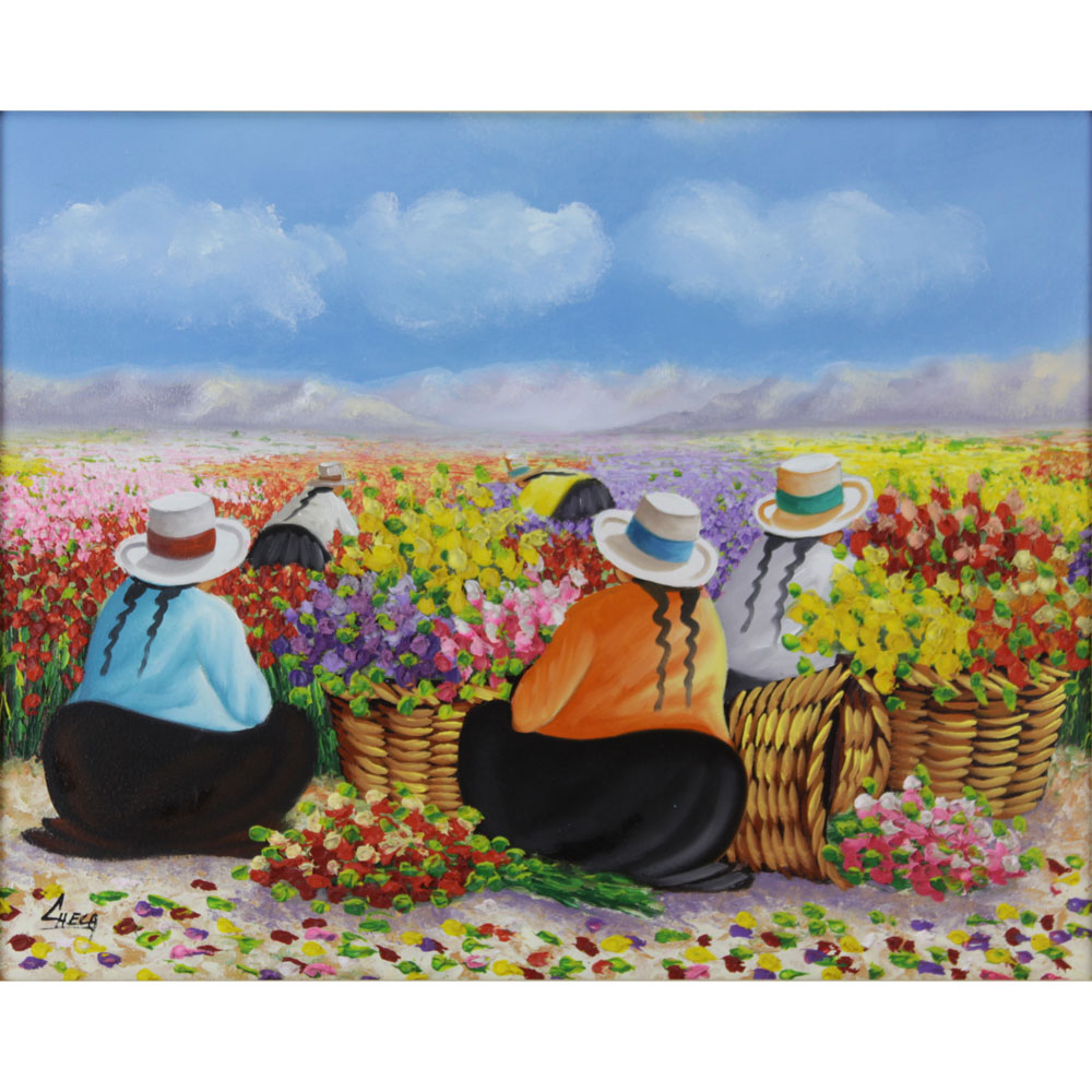 Jose S. Checa, Peruvian (20th C) Oil Painting "Cosechando Flores" 