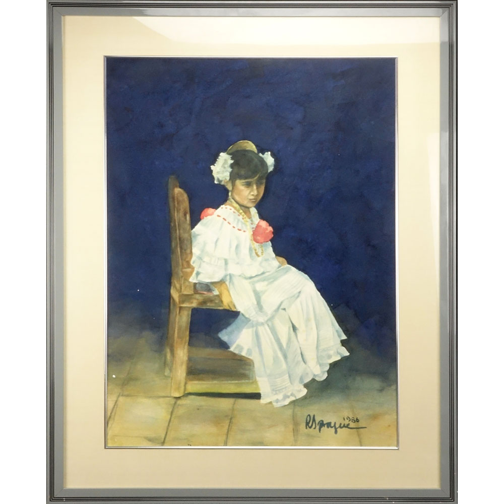 Peruvian Watercolor "Posing Seated Young Girl" 