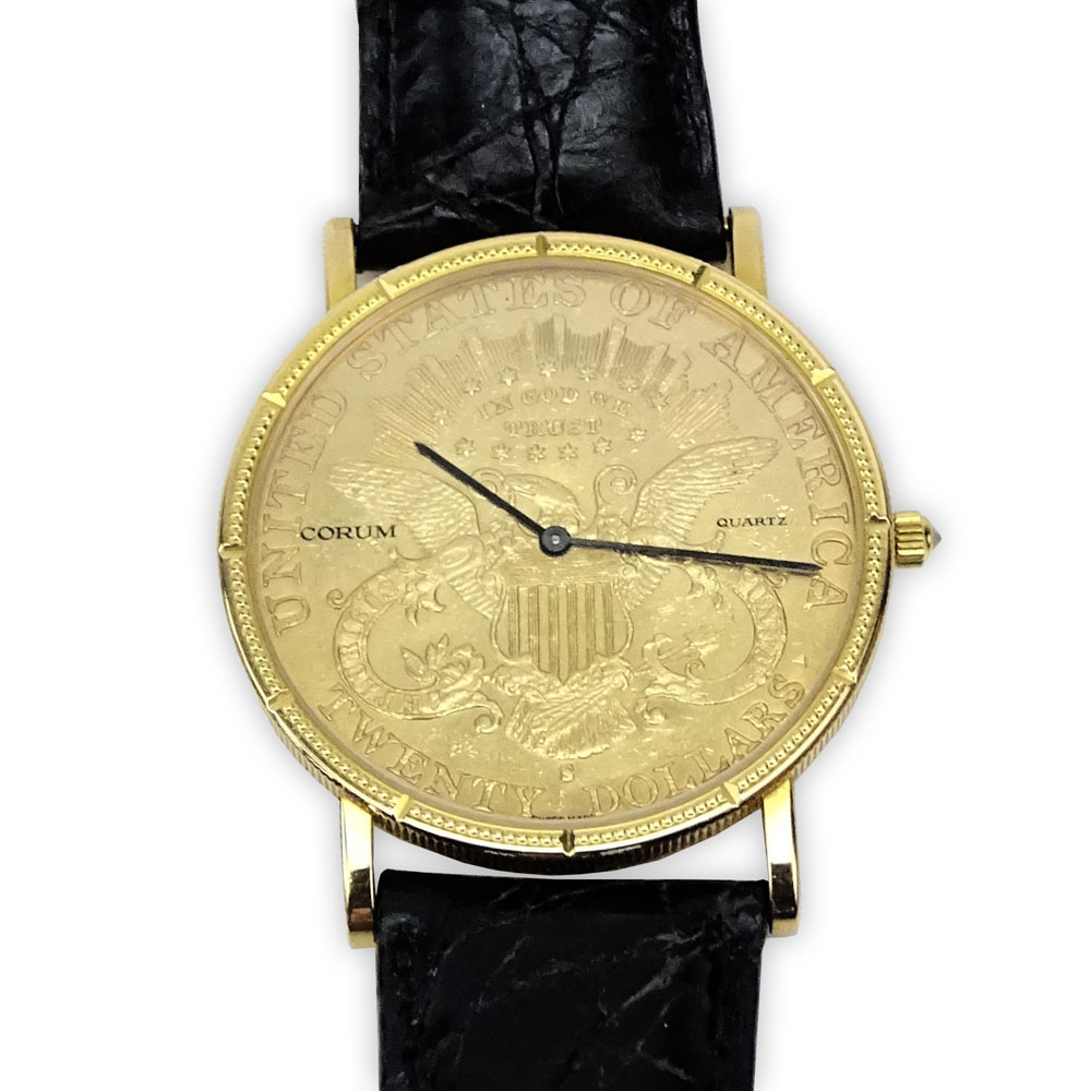 Man's Vintage Corum 1892 American Eagle $20 Gold Coin Quartz Movement Watch with Crocodile Strap.