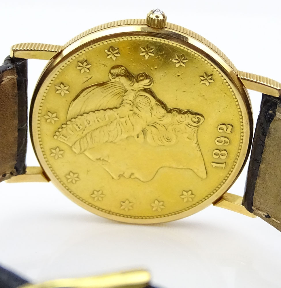 Man's Vintage Corum 1892 American Eagle $20 Gold Coin Quartz Movement Watch with Crocodile Strap.