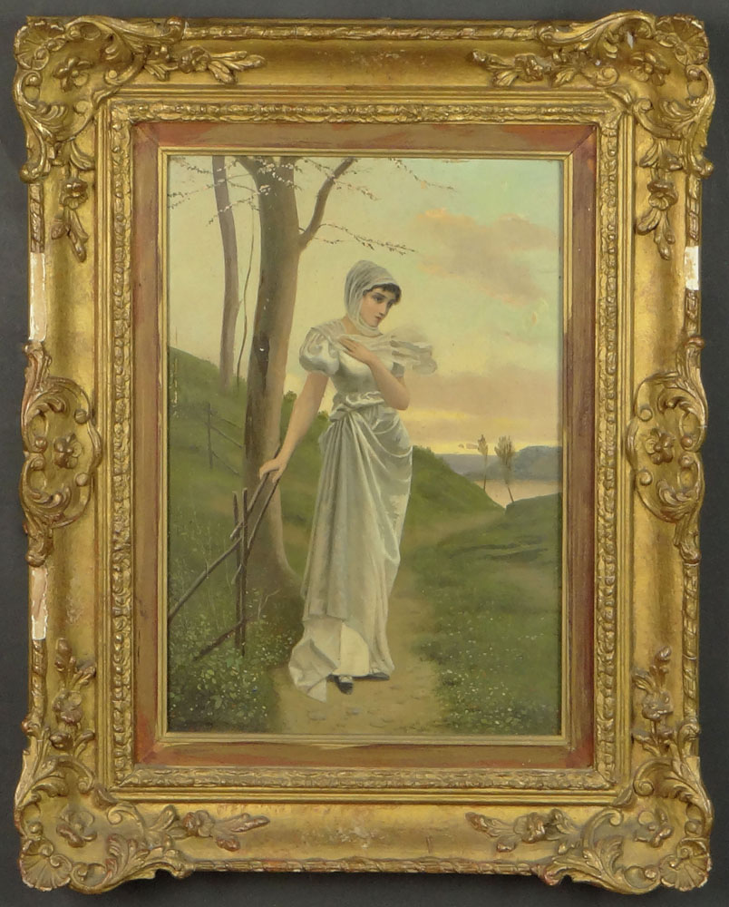 Early 20th Century Oil on Panel "Lady in White Dress" 