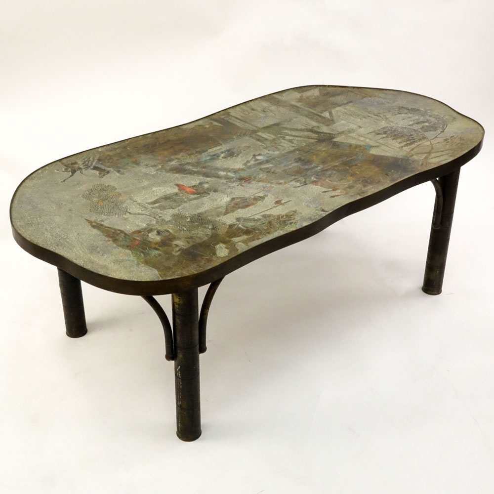 Vintage Philip and Kelvin Laverne, American c. 1965 Acid-etched and Patinated Brass over Pewter and Wood Chinoiserie style Coffee Table