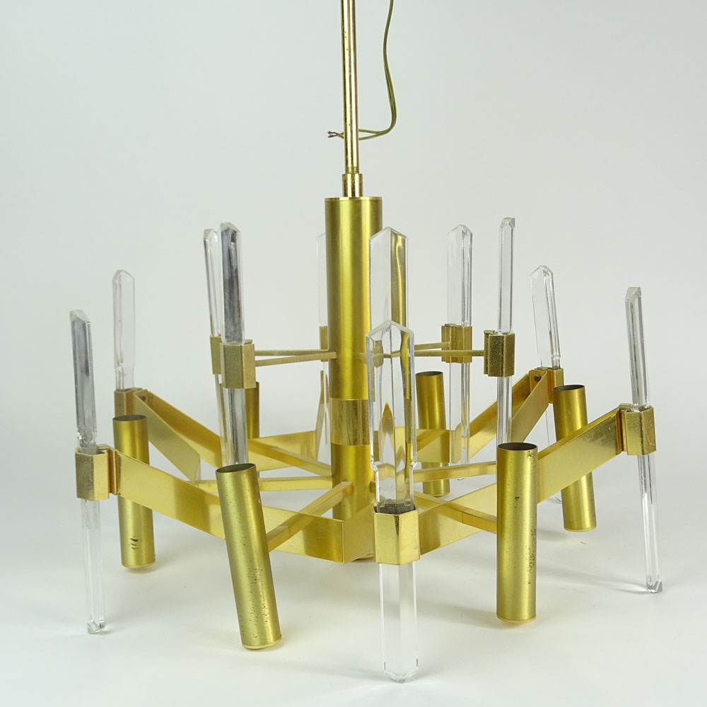 Mid 20th Century Sciolari Brass and Crystal Six Light Chandelier.