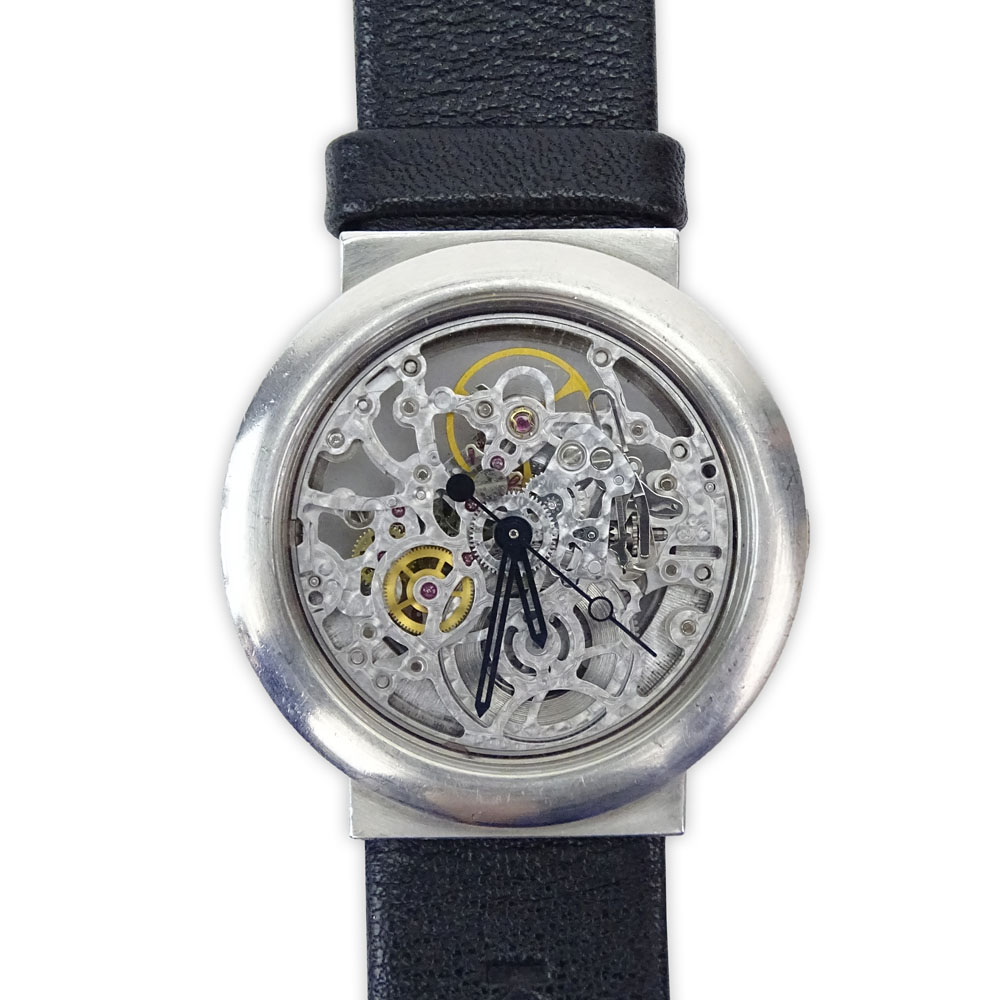 Man's Vintage German Kubik Platinum Automatic Skeleton Watch with Leather Strap