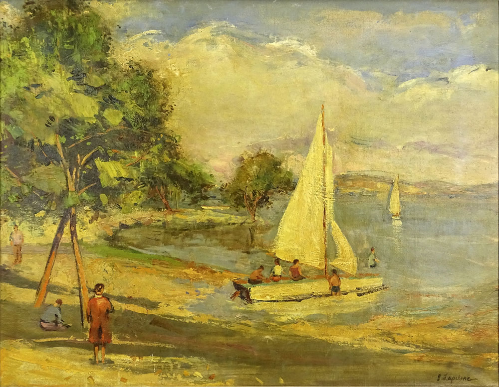 Georgi Alexandrovich Lapchine, Russian (1885-1950) oil on canvas, harbor scene with sailboats