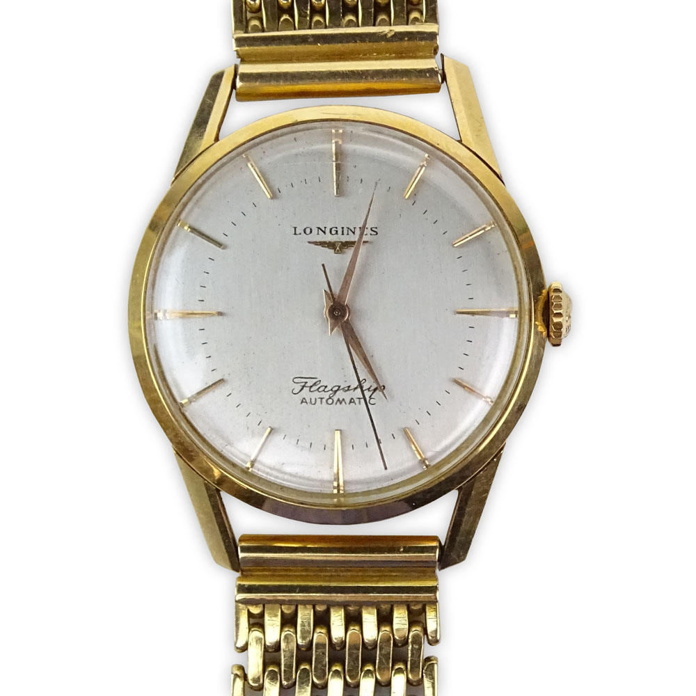 Man's Vintage Longines Flagship 18 Karat Yellow Gold Bracelet Watch with Automatic Movement