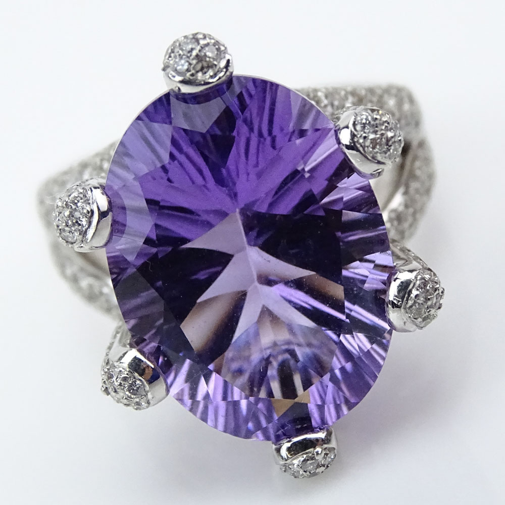 Large Oval Cut Amethyst, 1.5 Carat Micro Pave Set Diamond and 14 Karat White Gold Ring