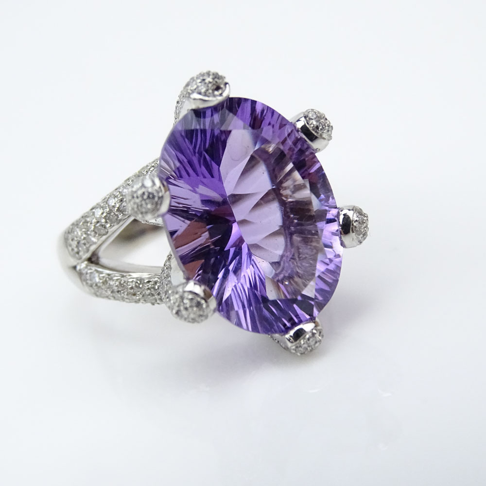 Large Oval Cut Amethyst, 1.5 Carat Micro Pave Set Diamond and 14 Karat White Gold Ring