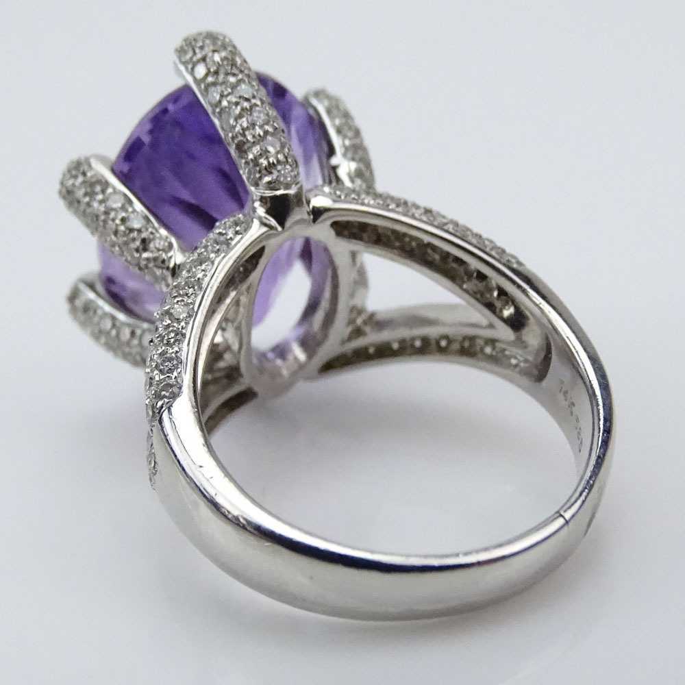 Large Oval Cut Amethyst, 1.5 Carat Micro Pave Set Diamond and 14 Karat White Gold Ring