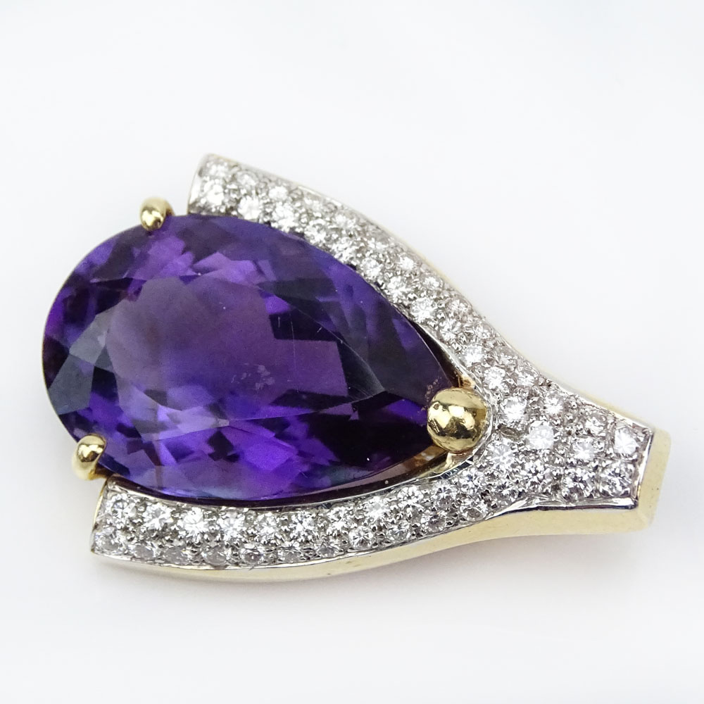 Vintage Approx. 4.0 Carat Round Brilliant Cut Diamond, Large Pear Shape Amethyst and 14 Karat Yellow Gold Pendant/Brooch. 