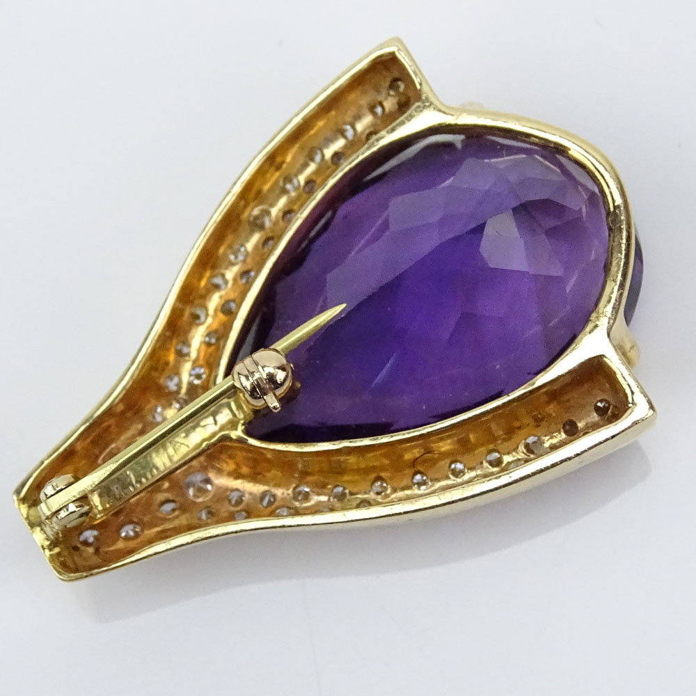 Vintage Approx. 4.0 Carat Round Brilliant Cut Diamond, Large Pear Shape Amethyst and 14 Karat Yellow Gold Pendant/Brooch. 