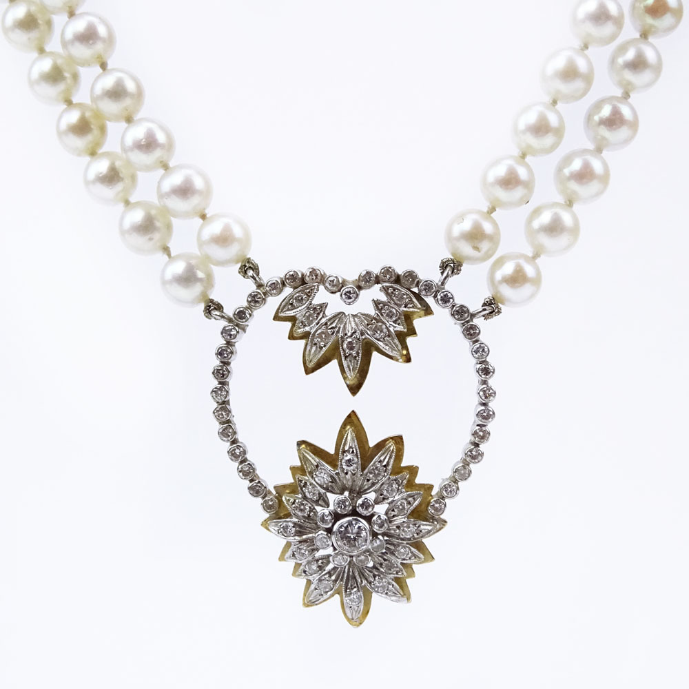 Vintage Two (2) Strand White Pearl Necklace Incorporating an Antique Old European Cut Diamond and 14 Karat Yellow and White Gold Pendant