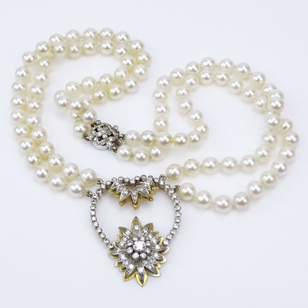 Vintage Two (2) Strand White Pearl Necklace Incorporating an Antique Old European Cut Diamond and 14 Karat Yellow and White Gold Pendant