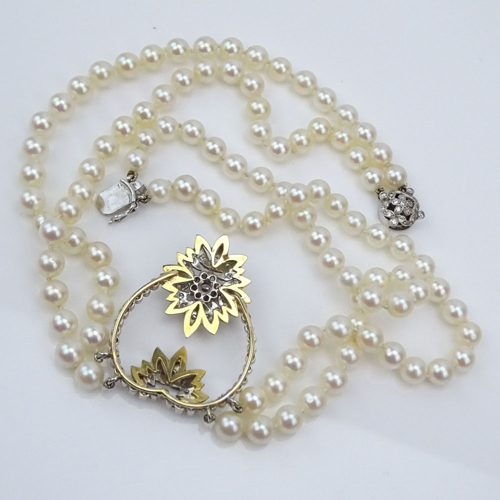 Vintage Two (2) Strand White Pearl Necklace Incorporating an Antique Old European Cut Diamond and 14 Karat Yellow and White Gold Pendant