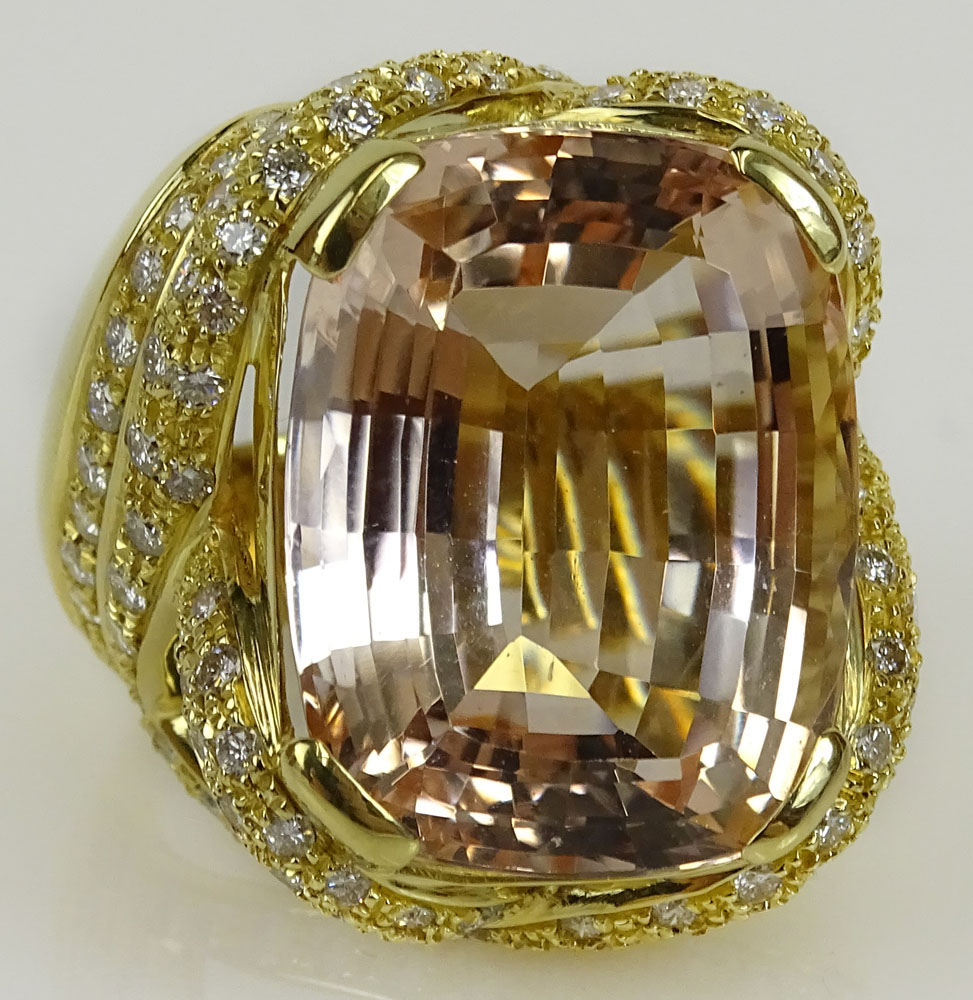 Lady's approx. 30.0 Carat Gem Quality Cushion Cut Kunzite, 2.50 Carat Round Cut Diamond and 18 Karat Yellow Gold Ring