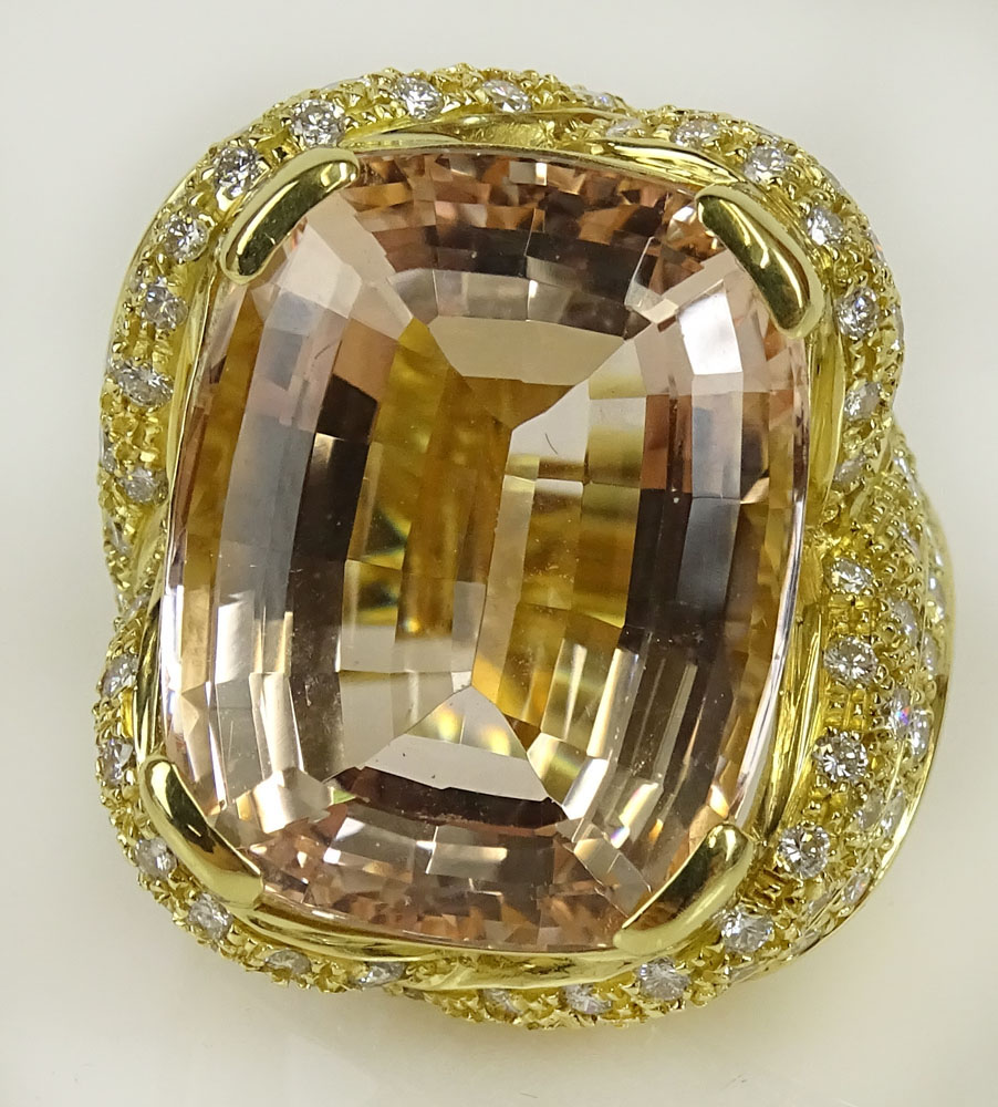 Lady's approx. 30.0 Carat Gem Quality Cushion Cut Kunzite, 2.50 Carat Round Cut Diamond and 18 Karat Yellow Gold Ring