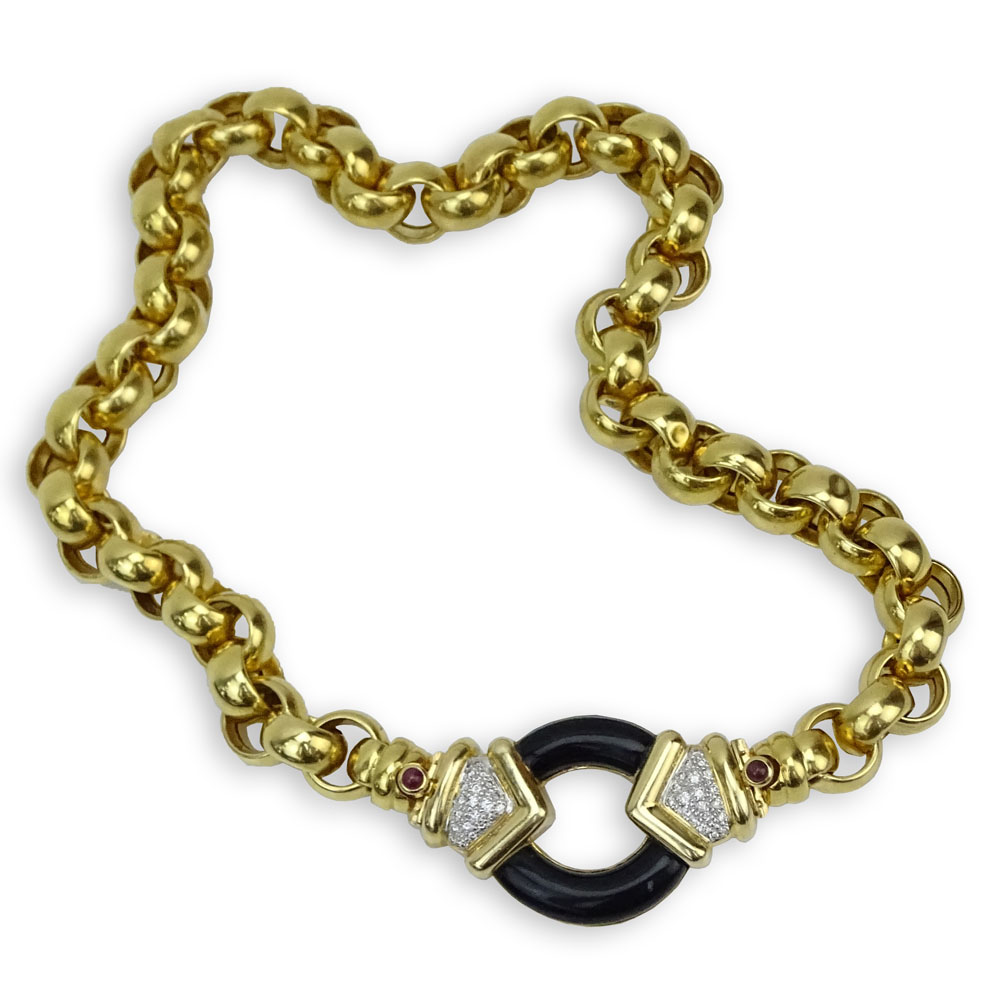 Vintage Italian Large and Heavy 14 Karat Yellow Gold, Pave Set Round Brilliant Cut Diamond and Black Onyx Pendant Necklace. 