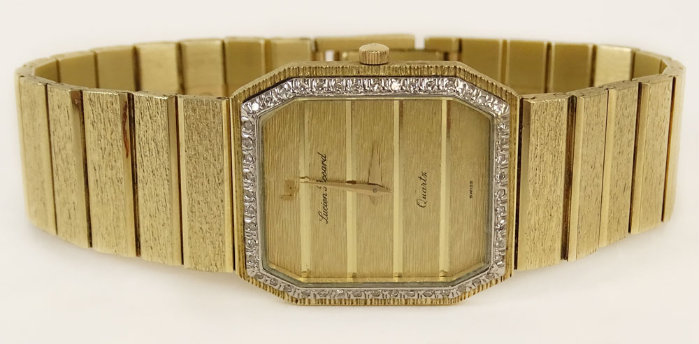 Man's Vintage Lucien Picard 14 Karat Yellow Gold Quartz Bracelet Watch with Bezel accented with small Diamonds