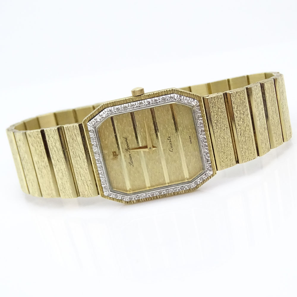 Man's Vintage Lucien Picard 14 Karat Yellow Gold Quartz Bracelet Watch with Bezel accented with small Diamonds