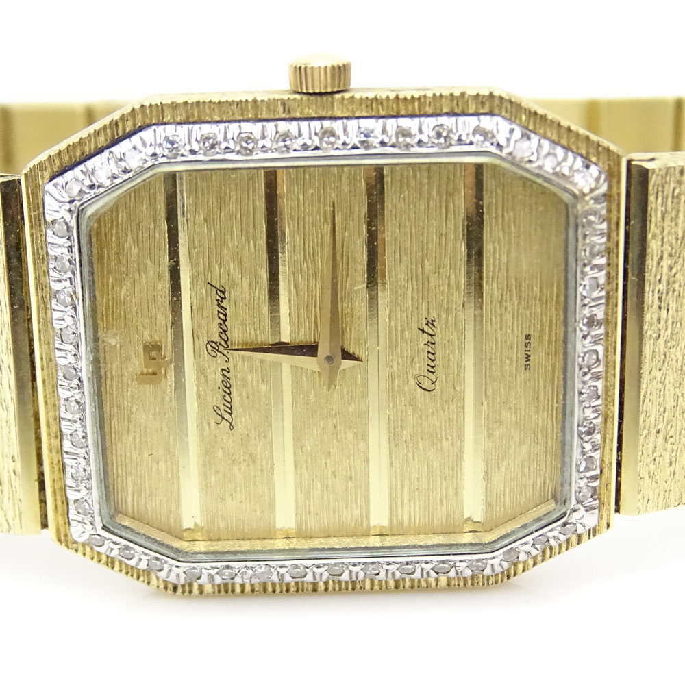 Man's Vintage Lucien Picard 14 Karat Yellow Gold Quartz Bracelet Watch with Bezel accented with small Diamonds