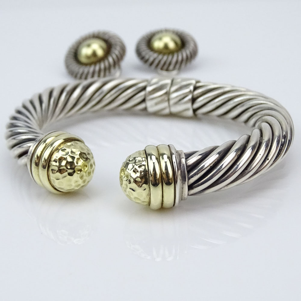 Vintage David Yurman Sterling Silver and 14 Karat Yellow Gold Hinged Cuff Bangle Bracelet and Earclip Suite