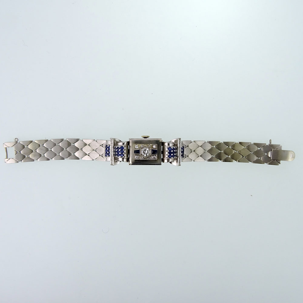 Lady's Circa 1940's Retro Approx. .75 Carat Diamond, 1.00 Carat Sapphire and 14 Karat White Gold Bracelet Watch