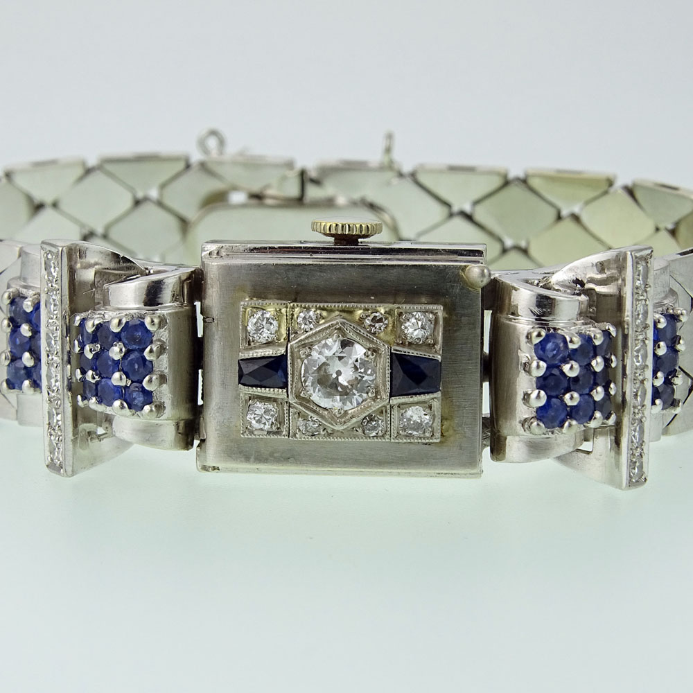 Lady's Circa 1940's Retro Approx. .75 Carat Diamond, 1.00 Carat Sapphire and 14 Karat White Gold Bracelet Watch