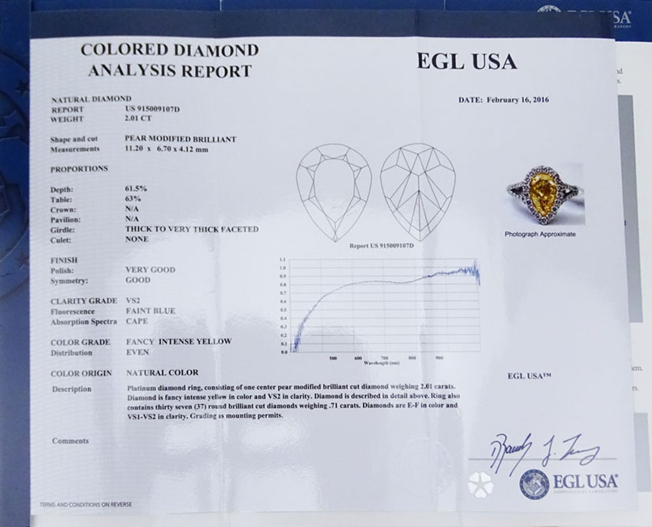 EGL Certified 2.01 Carat Pear Shape Fancy Intense Yellow Diamond and Platinum Ring accented with .71 Carat Round Brilliant Cut Diamonds