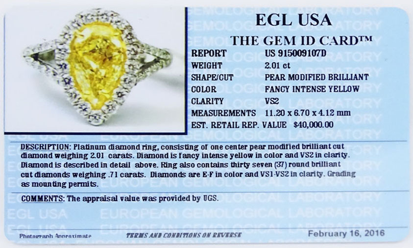 EGL Certified 2.01 Carat Pear Shape Fancy Intense Yellow Diamond and Platinum Ring accented with .71 Carat Round Brilliant Cut Diamonds