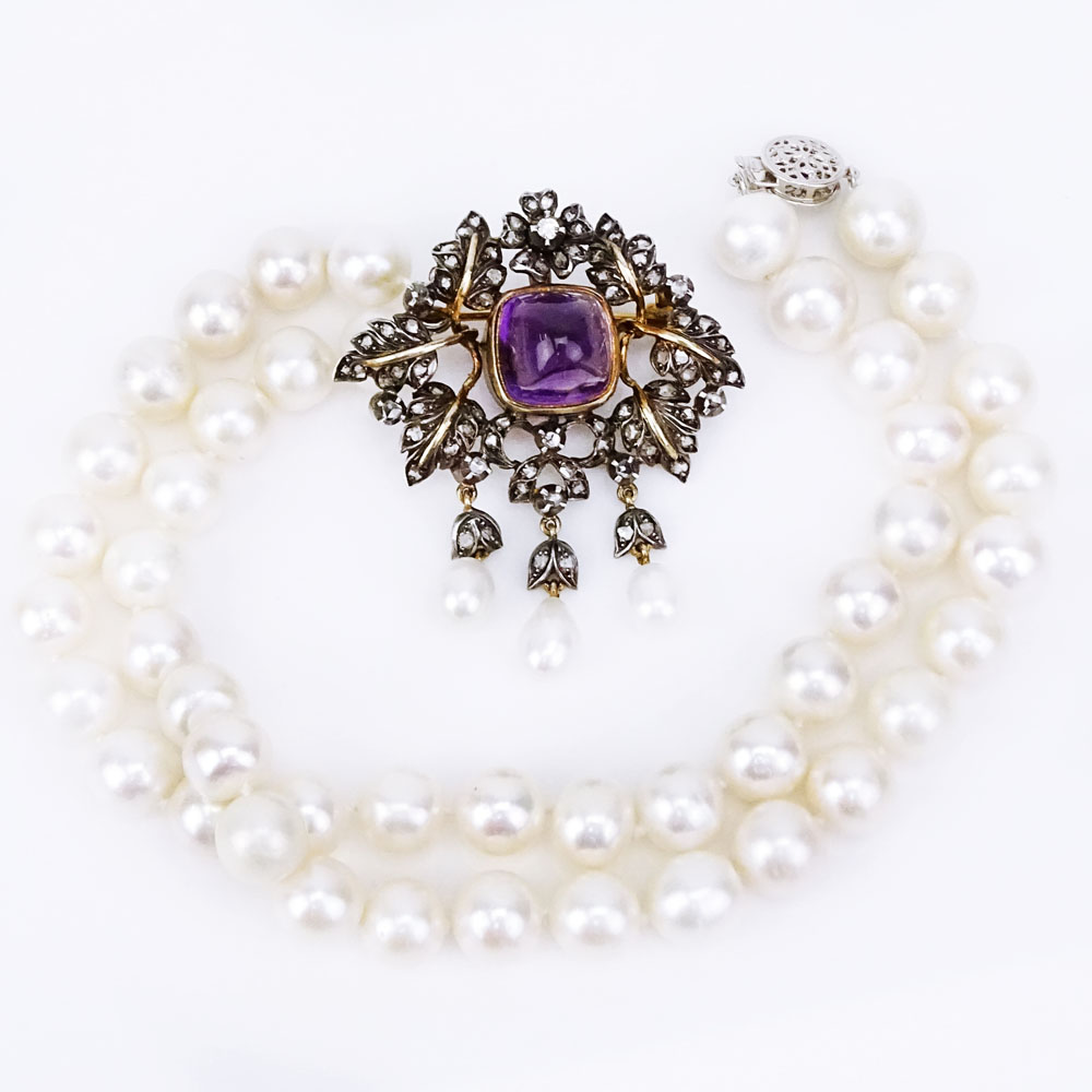 Single Strand 8mm Pearl Necklace with Detachable Antique 18 Karat Yellow Gold, Silver, Pearl and Surgarloaf Cabochon Amethyst Brooch/Pendant