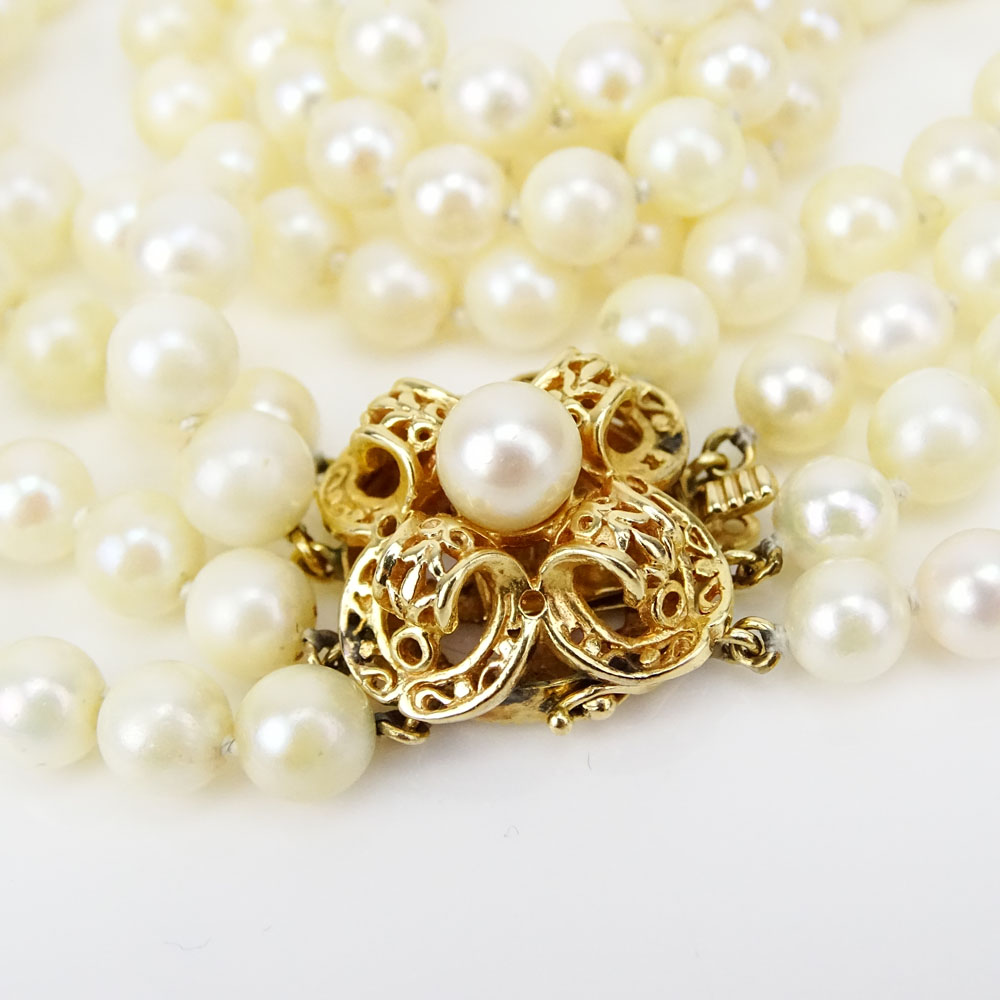 Vintage Four Strand 6mm Pearl Necklace with 14 Karat Yellow Gold Clasp