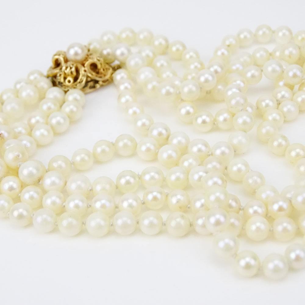 Vintage Four Strand 6mm Pearl Necklace with 14 Karat Yellow Gold Clasp