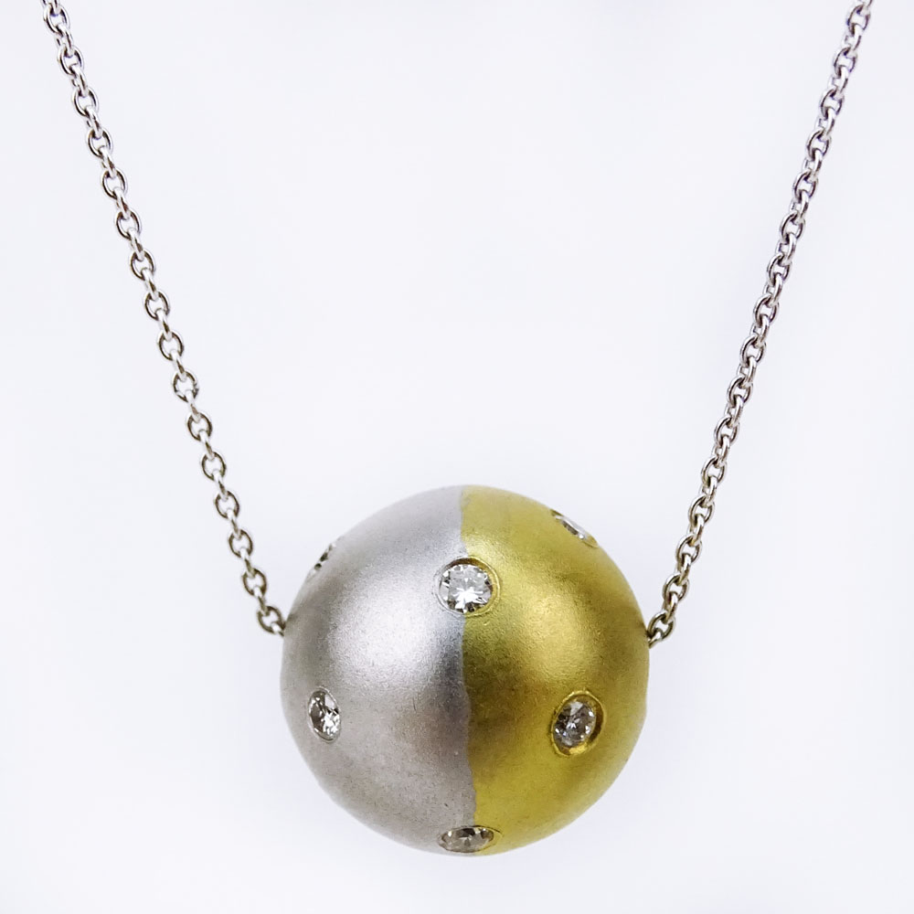 18 Karat White and Yellow Gold and Diamond Ball Pendant on 14 Karat White Gold Chain