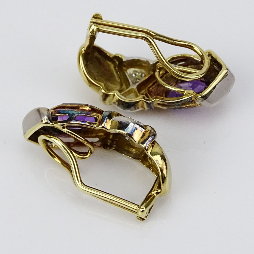 Vintage 14 Karat Yellow Gold, Amethyst and Round Cut Diamond Earclips