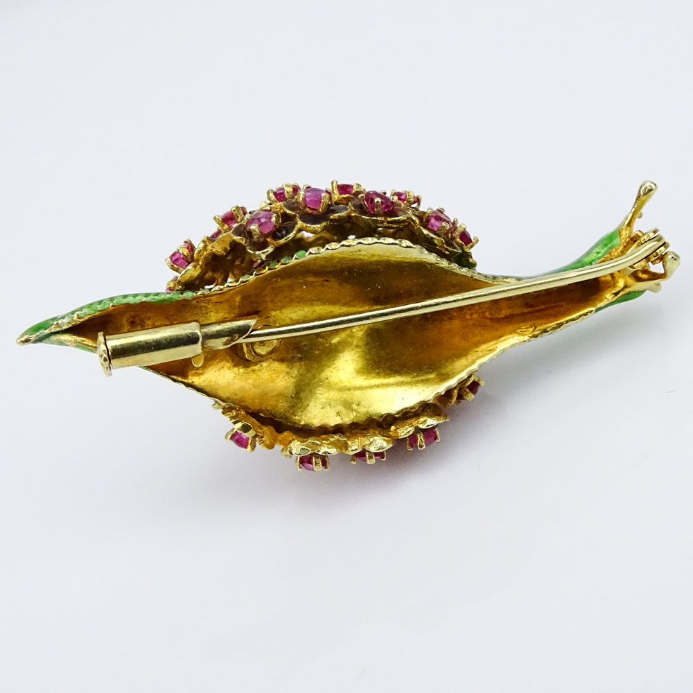 Vintage Enameled 14 Karat Yellow Gold Snail Brooch with Small Ruby and Diamond Accents