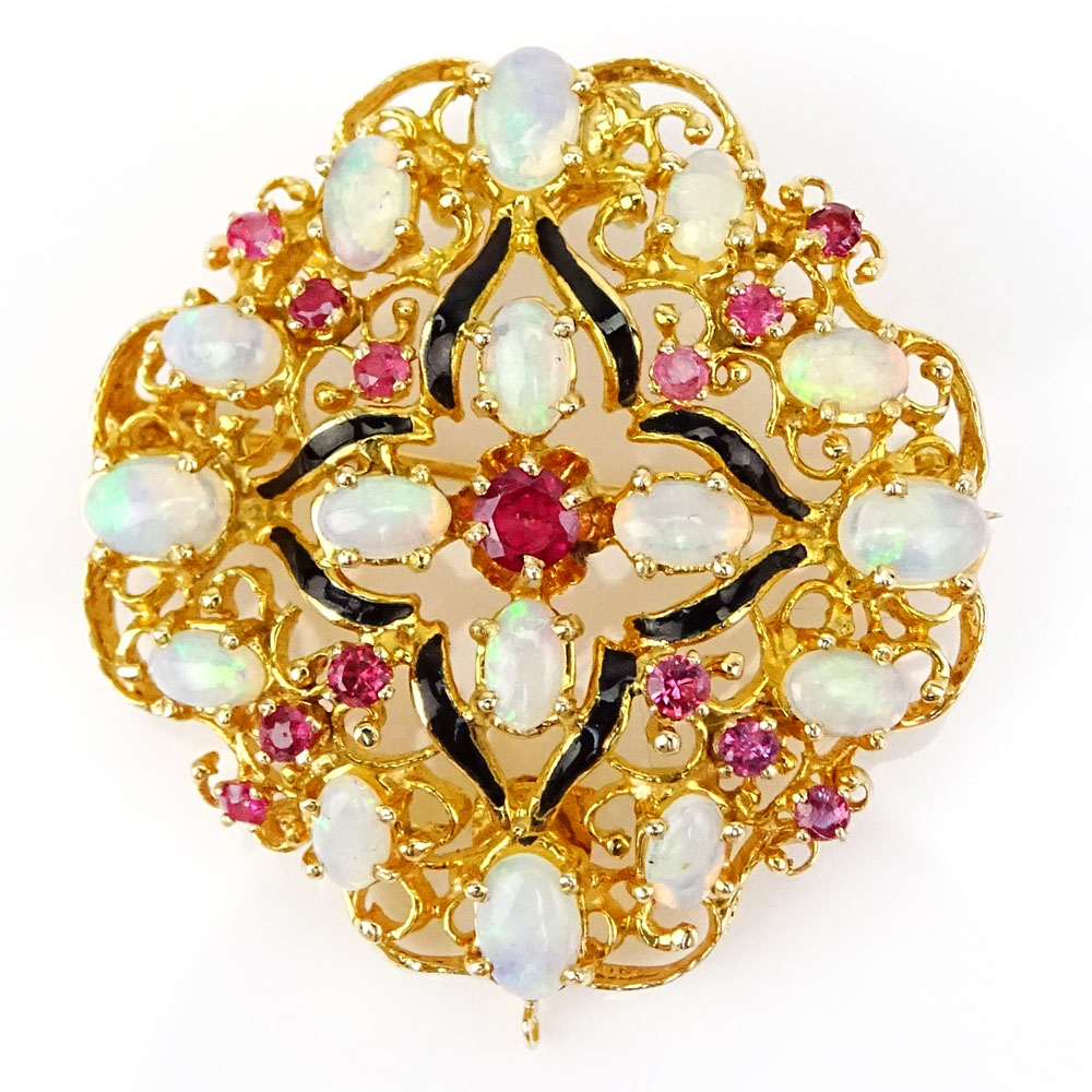 Vintage 18 Karat Yellow Gold, Opal, Ruby and Enamel Pendant/Brooch