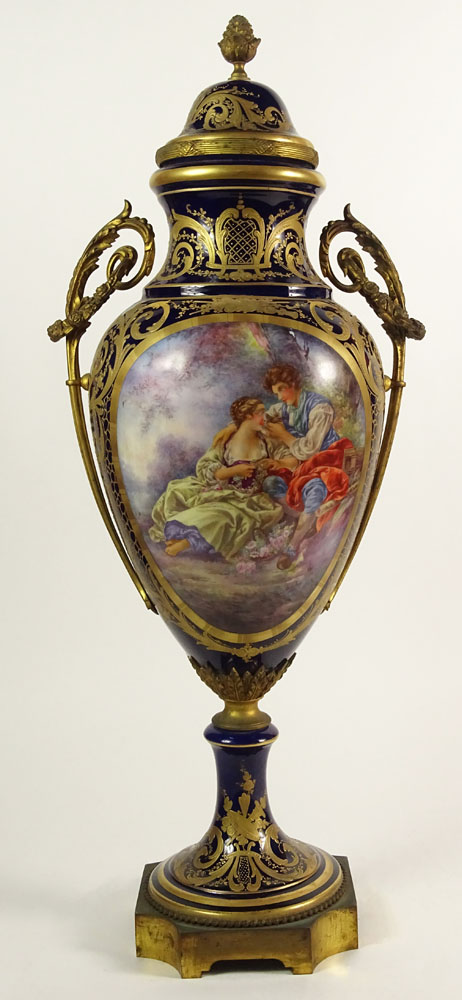 Large 19/20th Century Hand Painted Bronze Mounted Sevres Urn with Lid