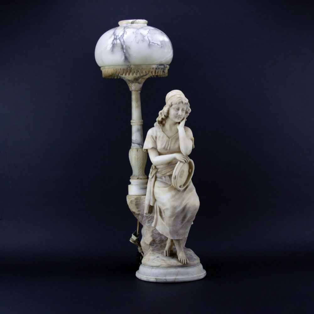 Antique Figural Alabaster Lamp. Features a gypsy with tambourine