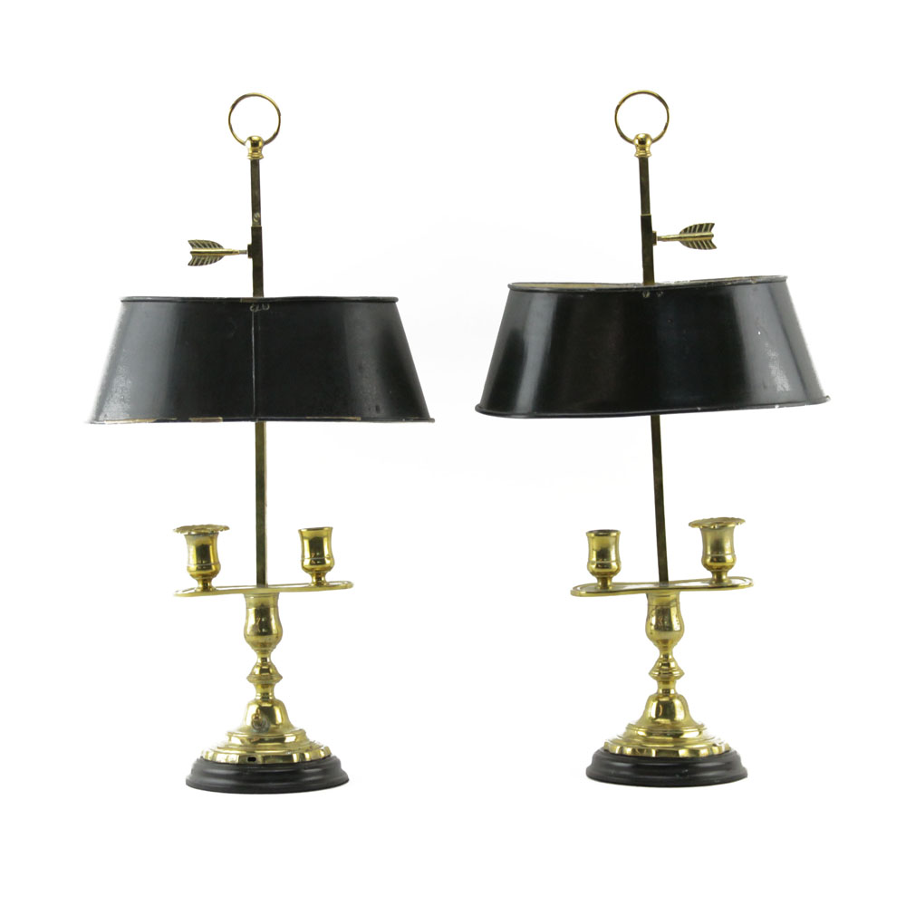 Pair of Vintage Bouillotte Style Brass Desk Lamps with Painted Metal Shade