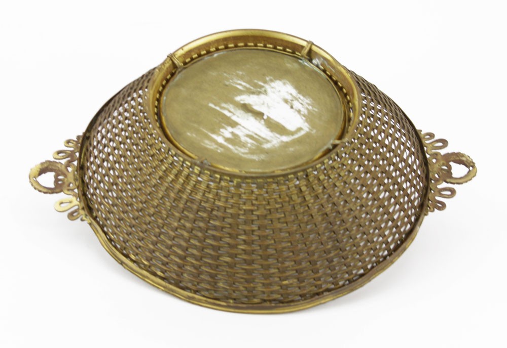 Early 20th Century French Style Handled Bronze Woven Bowl with Porcelain Insert