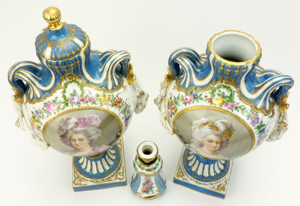 Pair of 19/20th Century French Sevres Louis XVI style Bleu Celeste Porcelain Covered Urns