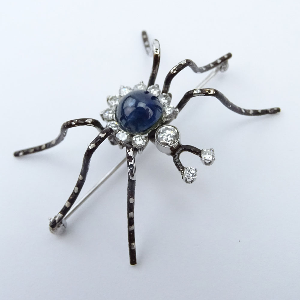 Contemporary Round Brilliant Cut Diamond, Large Star Sapphire and 14 Karat White Gold Spider Brooch