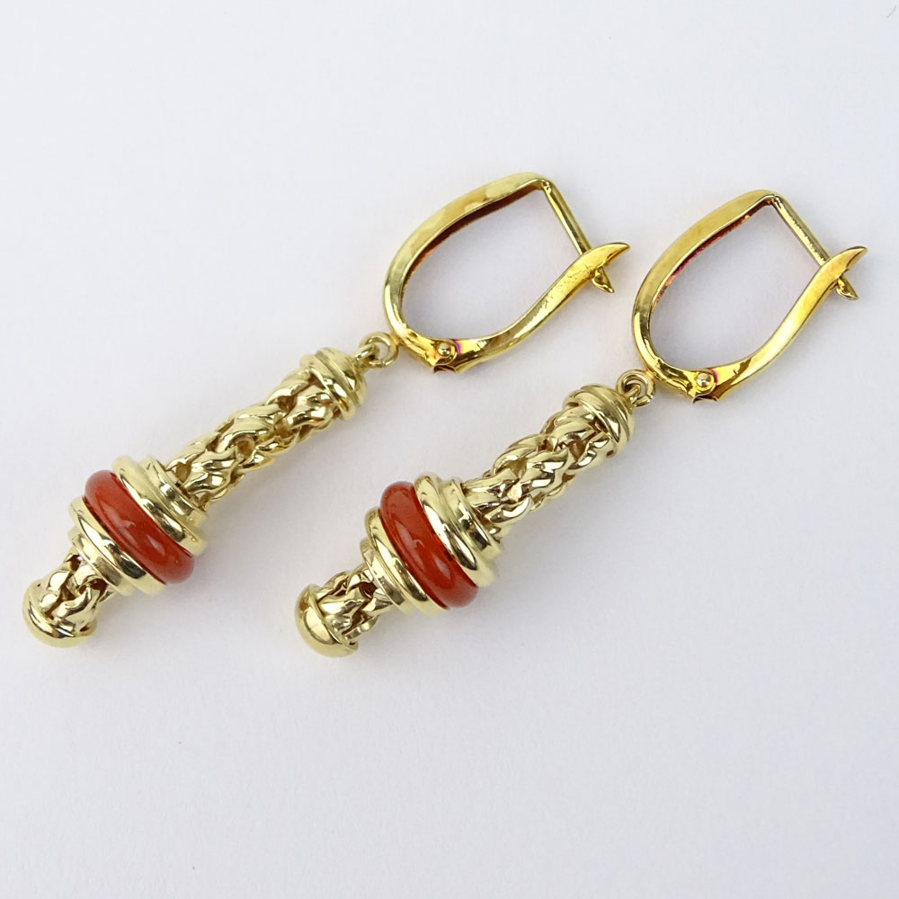 Pair of Vintage 14 Karat Yellow Gold and Red Coral Rope style Earrings