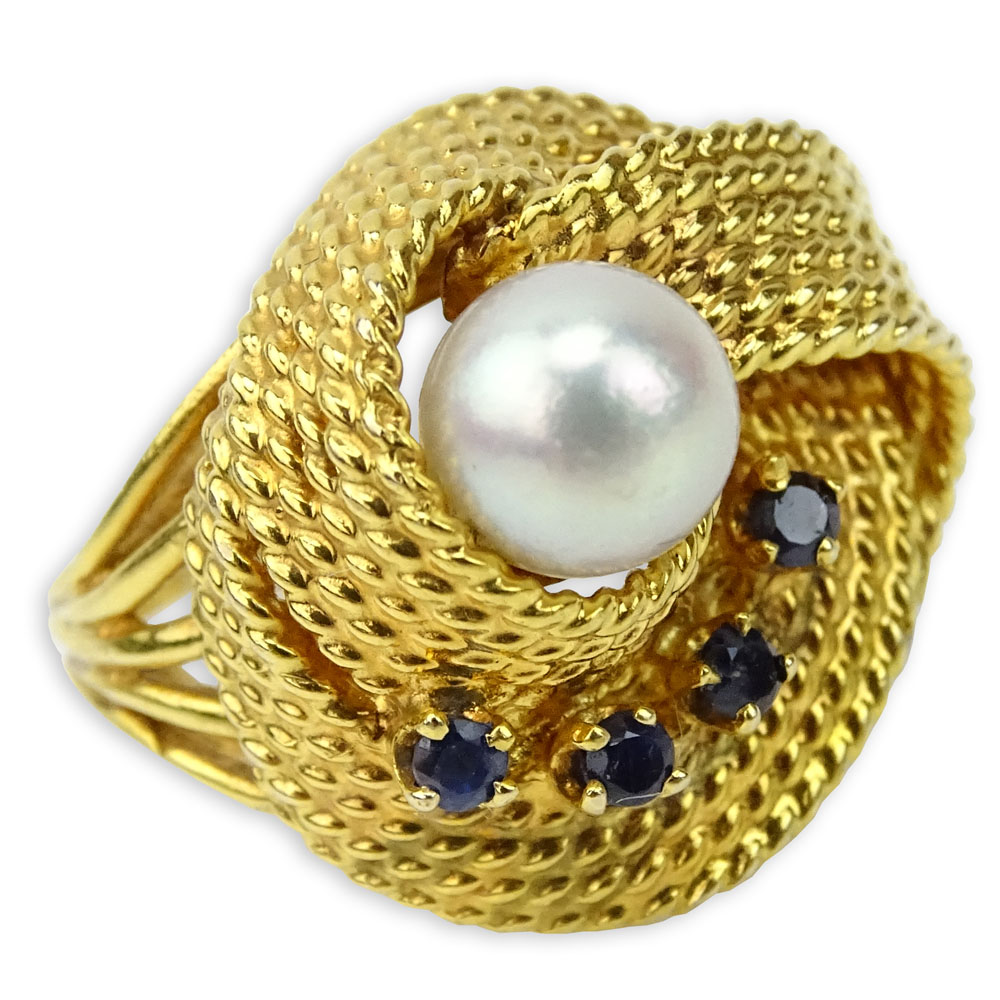 Retro 14 Karat Yellow Gold, Pearl and Sapphire Ring