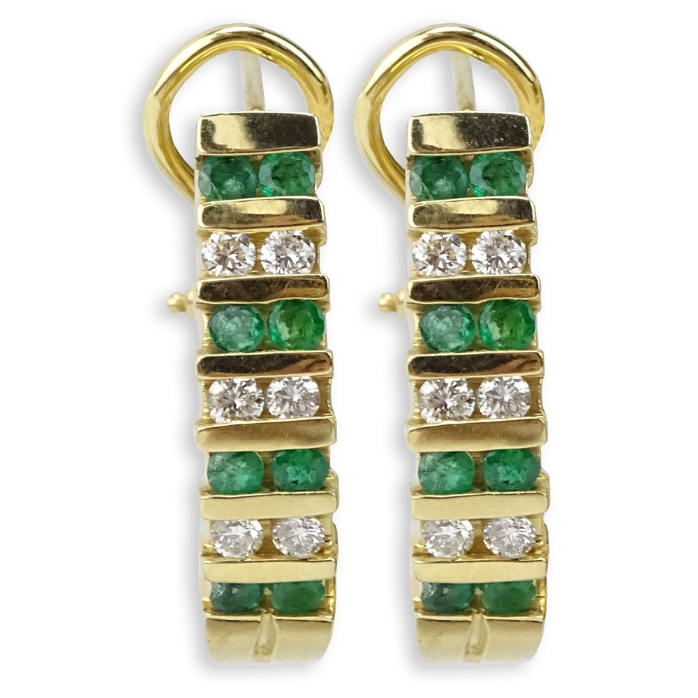 Vintage Emerald, Diamond and 14 Karat Yellow Gold Earrings